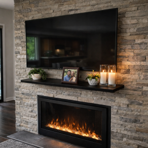 Black Wooden Shelf Fireplace Mantel Under TV